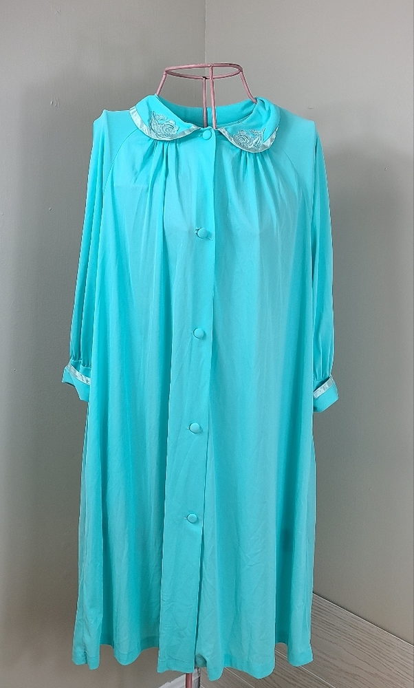 Vintage Teal Blue Robe Floral Collar Size Medium